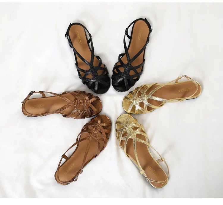 Retro woven Roman sandals, summer open-toe low-heeled women's shoes, one-strap buckle, versatile and fashionable commuter shoes