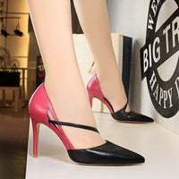 Women 9.5cm High Heels Sandals Nightclub Stripper Heels Sexy Patchwork Party Ankle Strap 2 tone Shoes