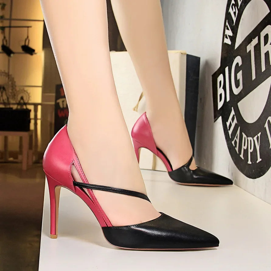 Women 9.5cm High Heels Sandals Nightclub Stripper Heels Sexy Patchwork Party Ankle Strap 2 tone Shoes