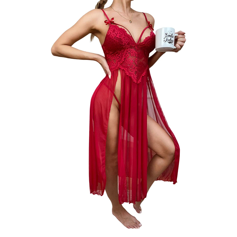 Sexy Lace Solid Women Sleepwear Underwear Mesh Lingerie Deep V Side Slit Sleeveless Female Fashion Robe Dress Nightwear