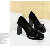 Chunky Block Heels Women Pumps Bow Decoration High Heels Square Headed Platform High Heels Suede Ladies Shoes