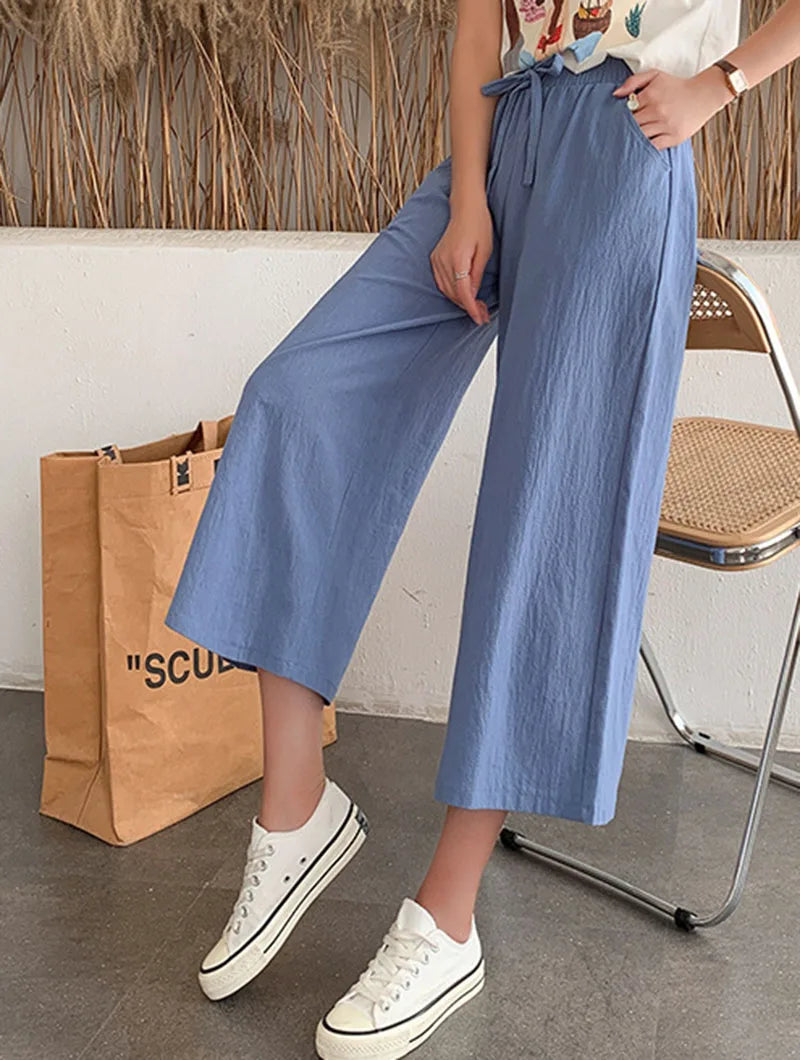 Casual Baggy Wide Leg Trousers Women Summer Thin Comfy Breathable Ankle Length Pants Vintage Loose Cotton Linen Straight Pants