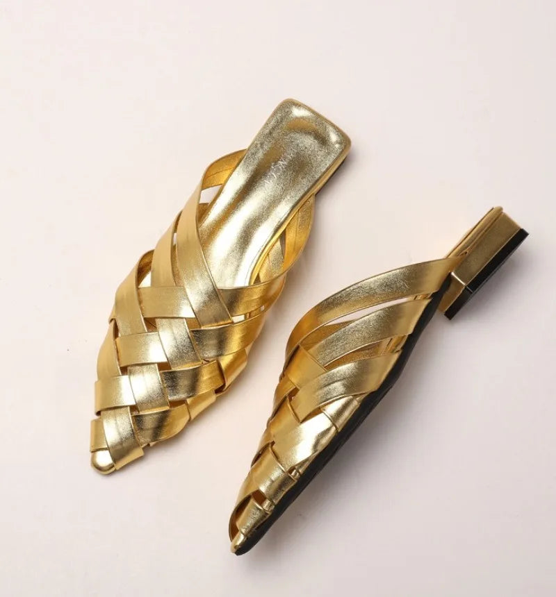 Hollow Woven Pointed Cool Slippers Women's Summer Thick Heel Outer Wear Bag Head Half Slippers Women Sandals