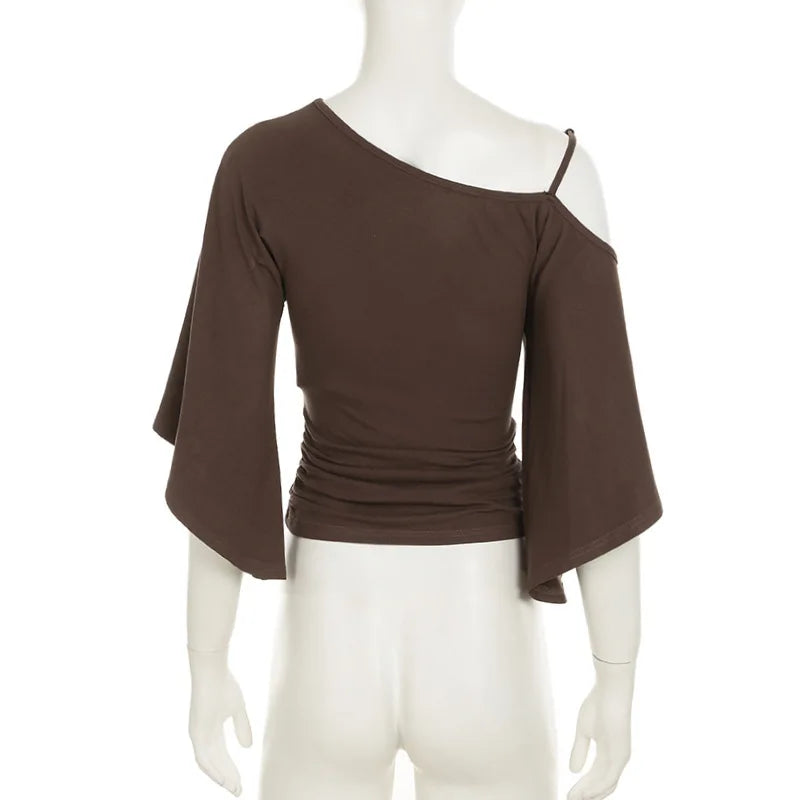 Brown Retro Spice Girl T-shirt Collar Pleated Off Shoulder Beaded Slanted Short Sleeved Summer Casual Slimming Fit Top for Women