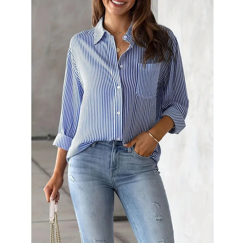 Classic Striped Shirt Women Streetwear Vintage Long Sleeve Blouses Female Casual Loose Single-Breasted Shirts