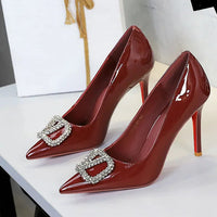 Banquet Pointed High Heels, Shallow Metal Rhinestone Thin Heel Patent Leather High Heels