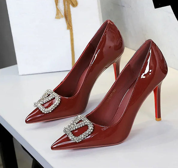 Banquet Pointed High Heels, Shallow Metal Rhinestone Thin Heel Patent Leather High Heels