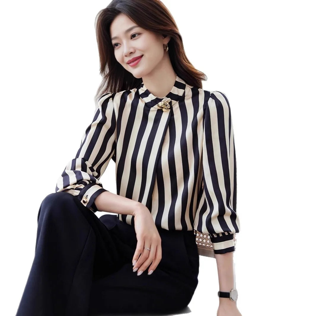 Elegant Commuter Long Sleeve Striped Shirt Women's Stand Collar Button up Polyester Fiber Straight Cut Fashionable Business wear