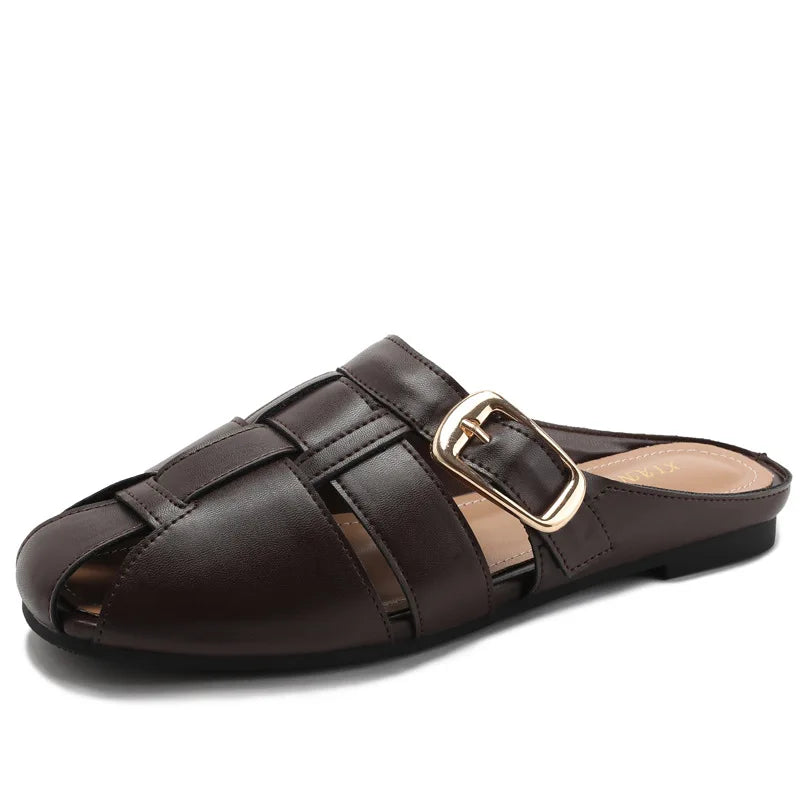 Designer Women Sandals Mules Summer Roman Slippers Fashion Buckle Woven Casual Soft sole Shoes