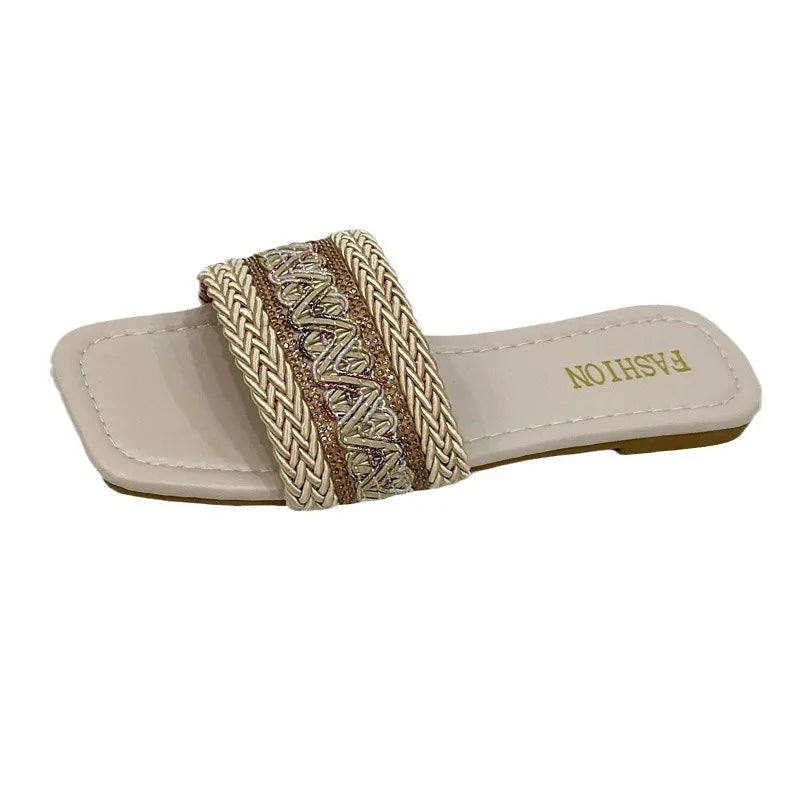 Fashion Women's Slippers Versatile Straw Woven Retro Flat Sandals Ethnic Casual Classic Flip Flops