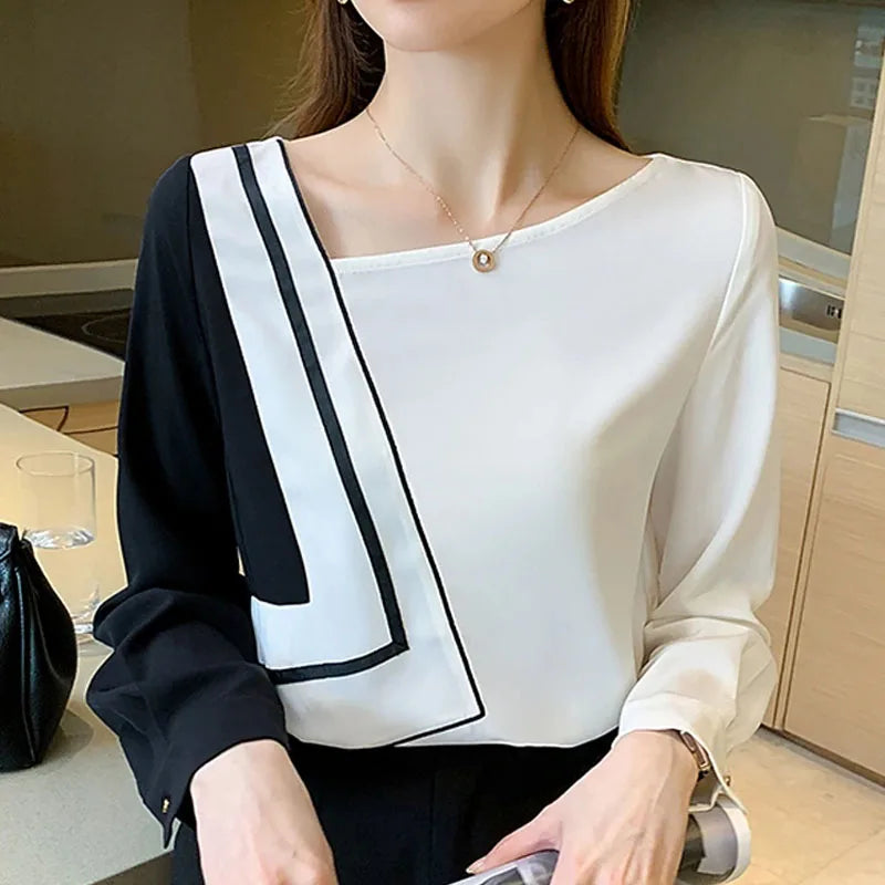 New Long Sleeve Skew Collar Women Blouse Patchwork Chiffon Blouse Shirt Women Tops Blouses Shirts Blusas Para Mujer Camisas A823 Natalia Home Fashion    Natalia Home Fashion