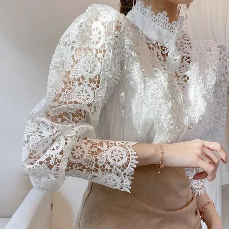 Shirt Women Blouse Office Lady Flower Blouse Spring Hollow Out Lace  Stand Collar Button Female Clothing