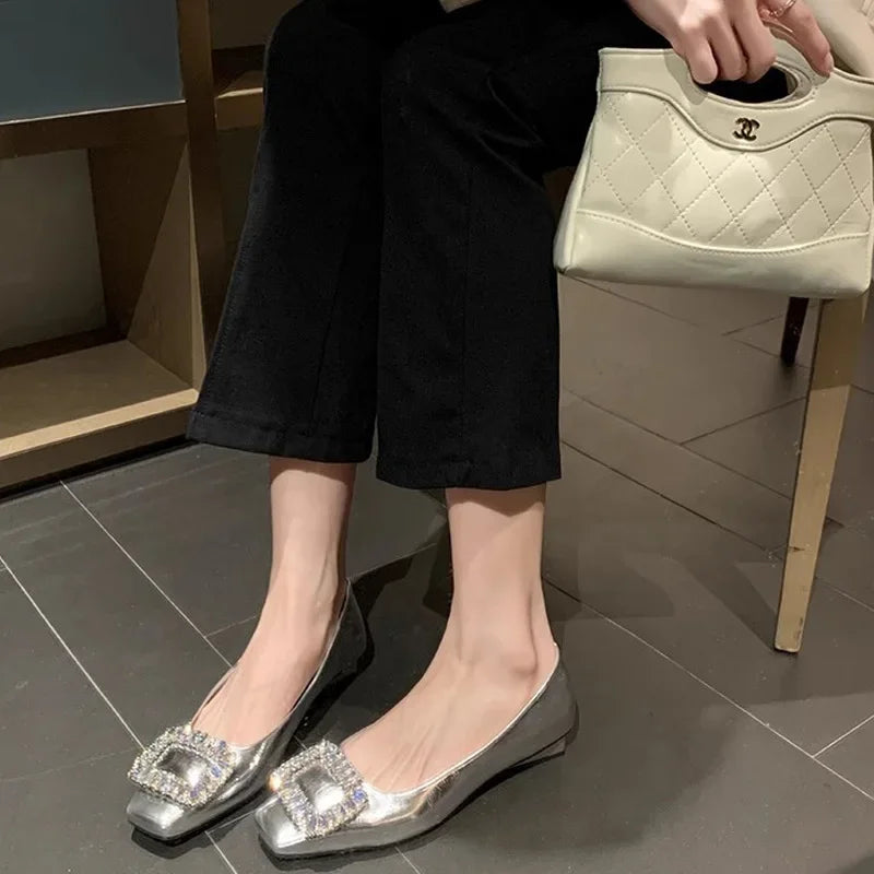 Women Flat Water Diamond Square Head Shallow Mouth Silver Single Shoes Fairy Soft Leather Temperament Commuting Woman Shoe