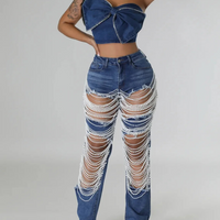 Heavy Duty Denim Jeans Women's High Waist High Elasticity Hole Punching Beading Long Pants Trendy Spicy Girl Style