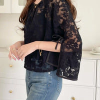Round Neck Lace Shirt Women's Summer Floral Print Tie Dotted Cotton Blend Full Sleeve Slim Fit Button up Top