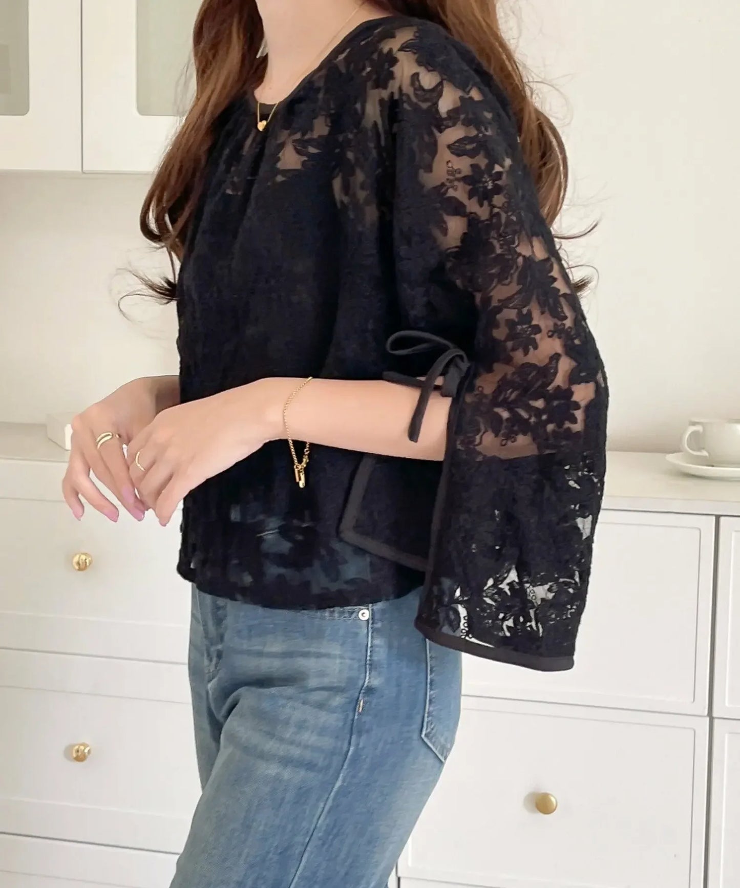 Round Neck Lace Shirt Women's Summer Floral Print Tie Dotted Cotton Blend Full Sleeve Slim Fit Button up Top