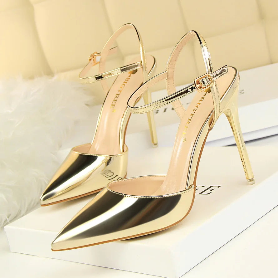 Women 10.5cm High Heels Sandals Lady Metallic Gray Patent Leather Stripper Ankle Strap Sandals Wedding Fetish Nightclub Shoes