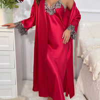 Contrast Lace  Long Sleeve Belted Robe V Neck Slip Dress Sexy Elegant Women Pajamas  Sets
