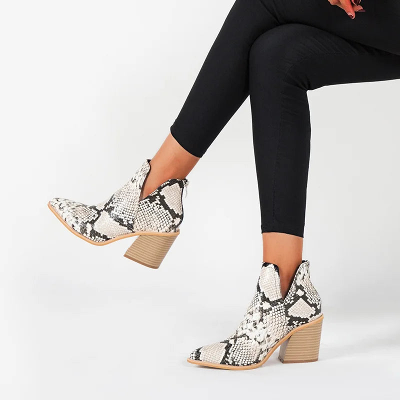 Boots Women Ankle Leopard Mid Heel Shoes Female Slip-On Casual Black Square Heel Booties