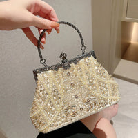 Pearl & Diamond Kiss Lock Clutch Bag Floral Handle Party Bag Metal Chain Cocktail Crossbody Bag