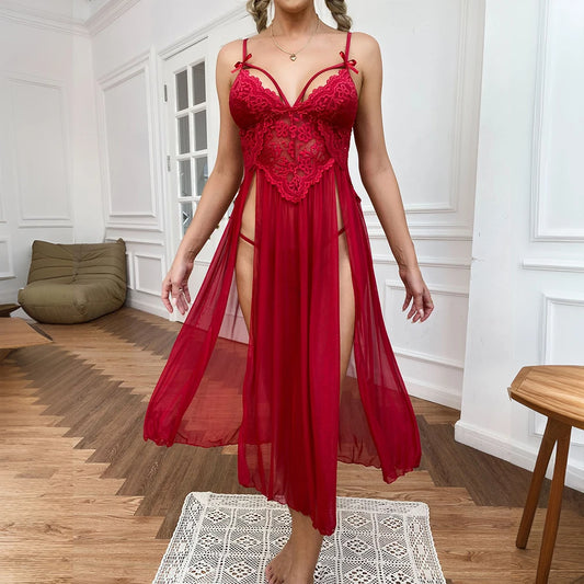 Sexy Lace Solid Women Sleepwear Underwear Mesh Lingerie Deep V Side Slit Sleeveless Female Fashion Robe Dress Nightwear - Natalia Home Fashion
