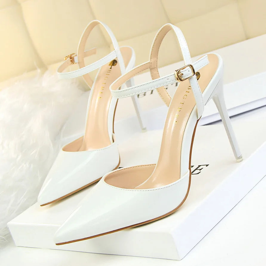 Women 10.5cm High Heels Sandals Lady Metallic Gray Patent Leather Stripper Ankle Strap Sandals Wedding Fetish Nightclub Shoes