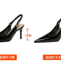 Fashion Women Pointed Toe Patent Leather High Heels Shallow Vamp Rhinestone Decorated Backless Strap Dress Shoes