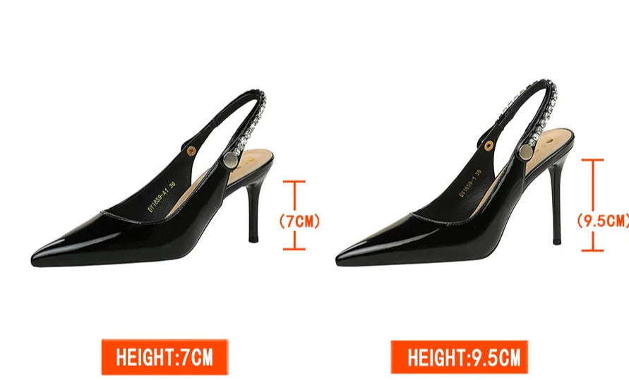 Fashion Women Pointed Toe Patent Leather High Heels Shallow Vamp Rhinestone Decorated Backless Strap Dress Shoes