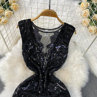 Sexy Sleeveless V-neck mesh sequin Bodycon Dress Chic Women Slim Women Slip Dress