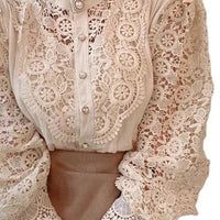 Shirt Women Blouse Office Lady Flower Blouse Spring Hollow Out Lace  Stand Collar Button Female Clothing