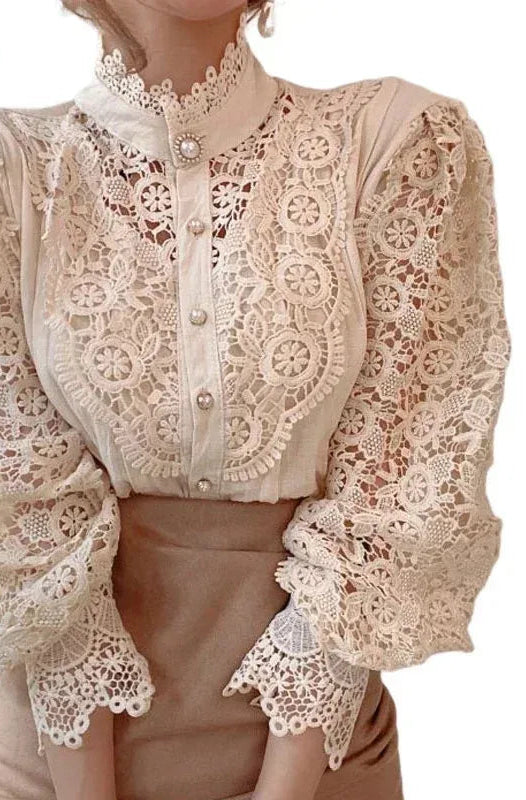 Shirt Women Blouse Office Lady Flower Blouse Spring Hollow Out Lace  Stand Collar Button Female Clothing