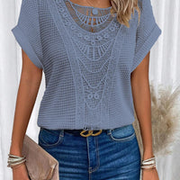 T shirt women 2026 fashion Spring Summer New lace patchwork short-sleeved T-shirt solid color tshirt women's clothing Natalia Home Fashion    Natalia Home Fashion