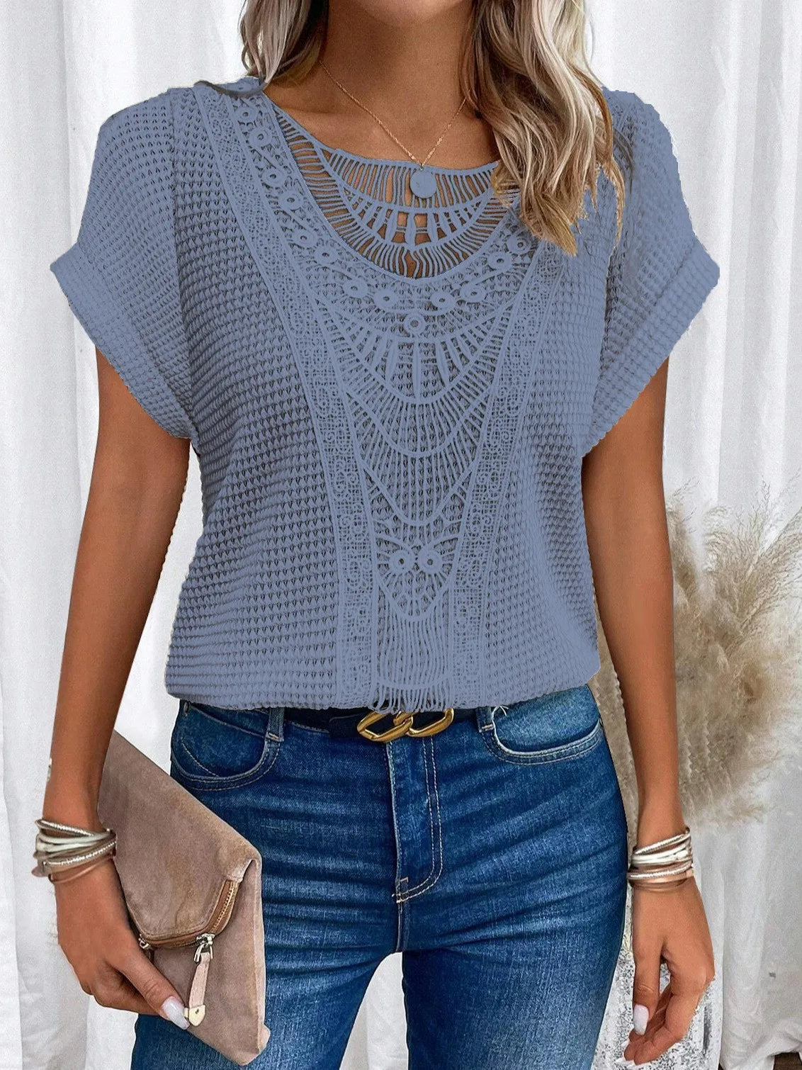 T shirt women 2026 fashion Spring Summer New lace patchwork short-sleeved T-shirt solid color tshirt women's clothing Natalia Home Fashion    Natalia Home Fashion
