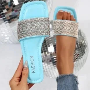 Women's Sandals Flat Bottom Slip-On Shoes Crystal Shiny Sequin Style Square Head Open-Toe Flat Heels - Natalia Home Fashion