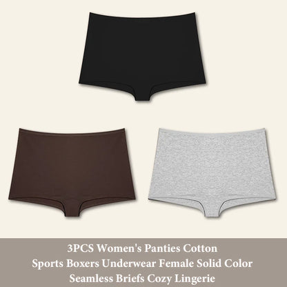 3PCS Women's Panties Cotton Seamless Sports Boxers Underwear Female Solid Color Briefs Cozy Lingerie Intimate Underpants