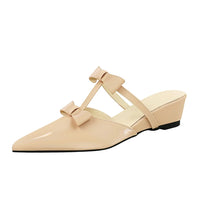 French Wedge Heel Pointed Head Sandals Versatile Bow Medium Heel Half Slippers Women