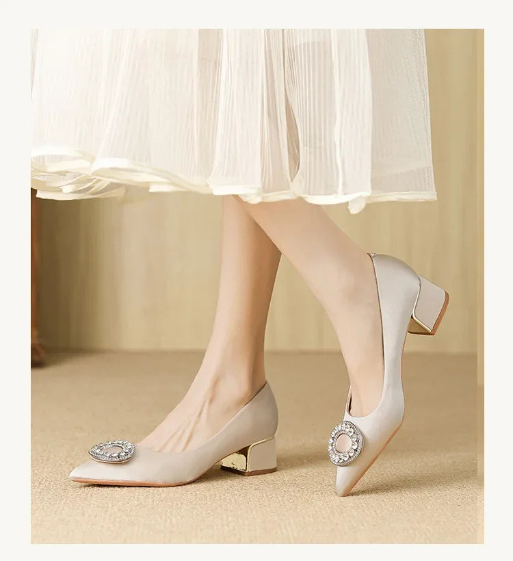 Soft Leather Black Pointed Toe Work Shoes Spring Autumn New Style Comfortable Thick Heel Professional Soft Bottom Shoes