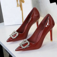 Banquet Pointed High Heels, Shallow Metal Rhinestone Thin Heel Patent Leather High Heels