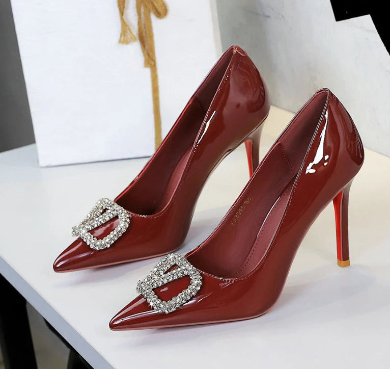 Banquet Pointed High Heels, Shallow Metal Rhinestone Thin Heel Patent Leather High Heels