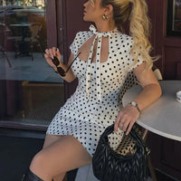 Polka Dot Mini Dresses For Women Casual Short Sleeve Lace Up Collar Dress Sexy Lady Club Party Woman Evening Dress