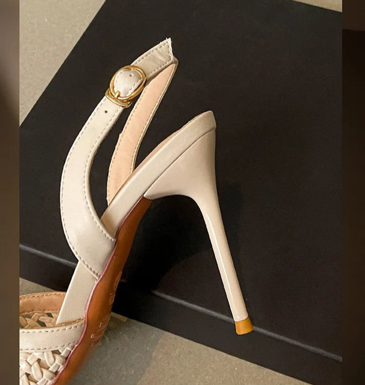 Elegant Hollow Out Woven Stiletto Sandals Women Pointed Toe Metal Straps High Heels