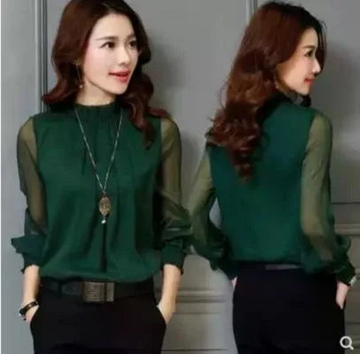 Korean Style Women's Chiffon Shirt Stand Collar Base Layer Top Spring Autumn New Fashion Sexy Mesh Lace Trim Long Sleeve Blouse Natalia Home Fashion    Natalia Home Fashion