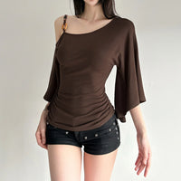 Brown Retro Spice Girl T-shirt Collar Pleated Off Shoulder Beaded Slanted Short Sleeved Summer Casual Slimming Fit Top for Women