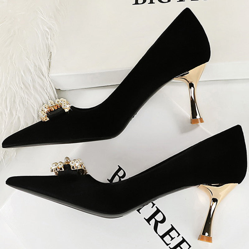 Luxury Women 7cm High Heels Wedding Pumps Lady Luxury Designer Metal Chain Buckle High Heels Stiletto Women Dress Shoes