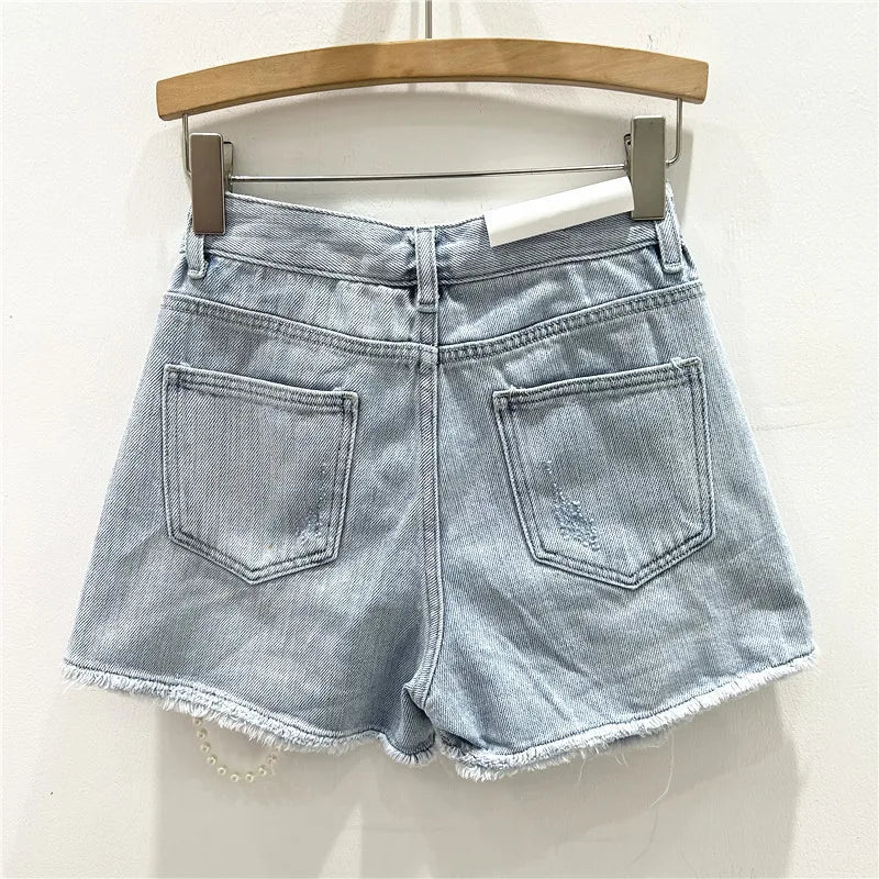 Denim Summer Shorts for Women's Bottoms Pearls Fashion Casual Shorts
