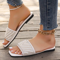 Small Fragrant style flat bottomed plus size slippers for women square headed rhinestone pearl fashionable casual slippers