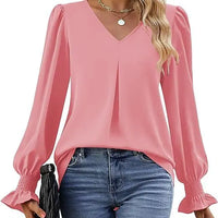 Fashion Simple Solid Color Pullover Shirt Women Loose V-neck Flared Sleeve Shirts Top Female Elegant Commuting Clothing