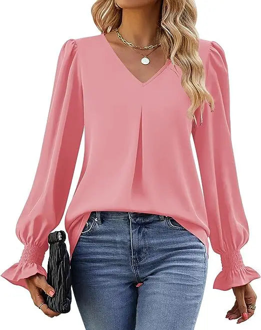 Fashion Simple Solid Color Pullover Shirt Women Loose V-neck Flared Sleeve Shirts Top Female Elegant Commuting Clothing