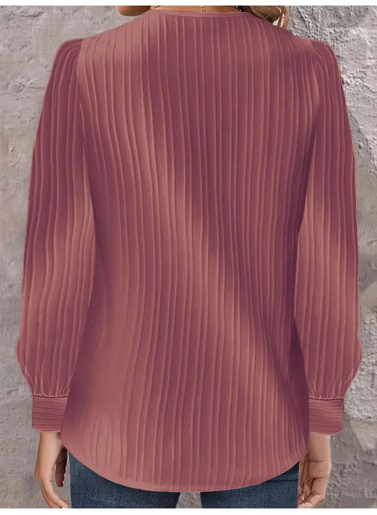 Simple Button V-neck Pullover Women's Solid Long Sleeve Casual T-shirts Elegant Lady Blouses