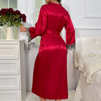 Contrast Lace  Long Sleeve Belted Robe V Neck Slip Dress Sexy Elegant Women Pajamas  Sets